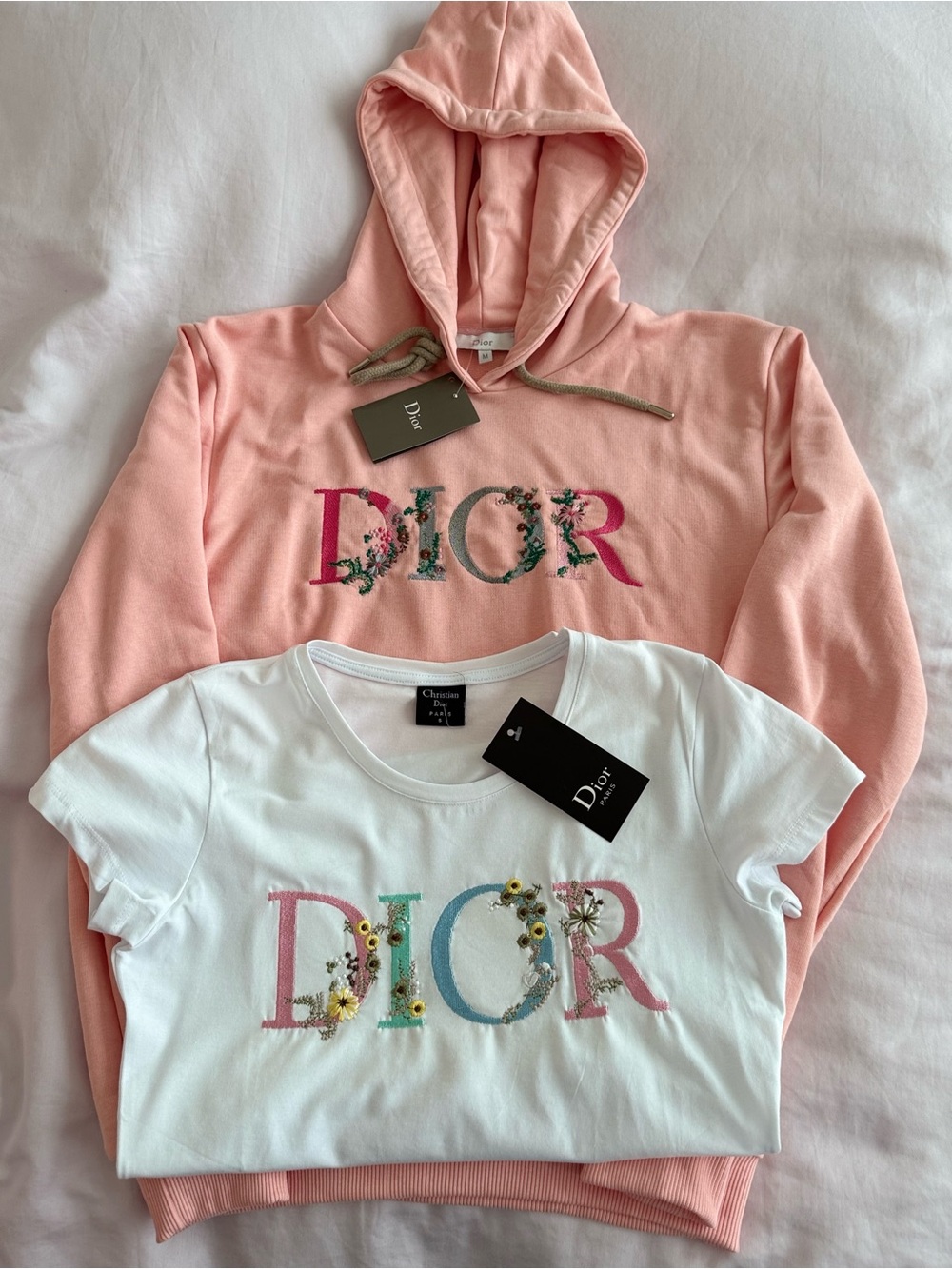 Dior Flowers Collection Youth-Girls Coral Hoodie and White Logo Tee Set
